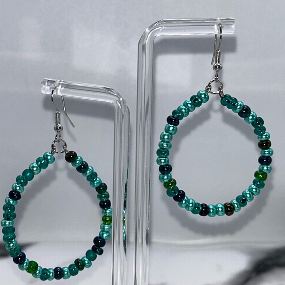 Chic Beaded Teal Hoop Earrings - Picture 2 of 3